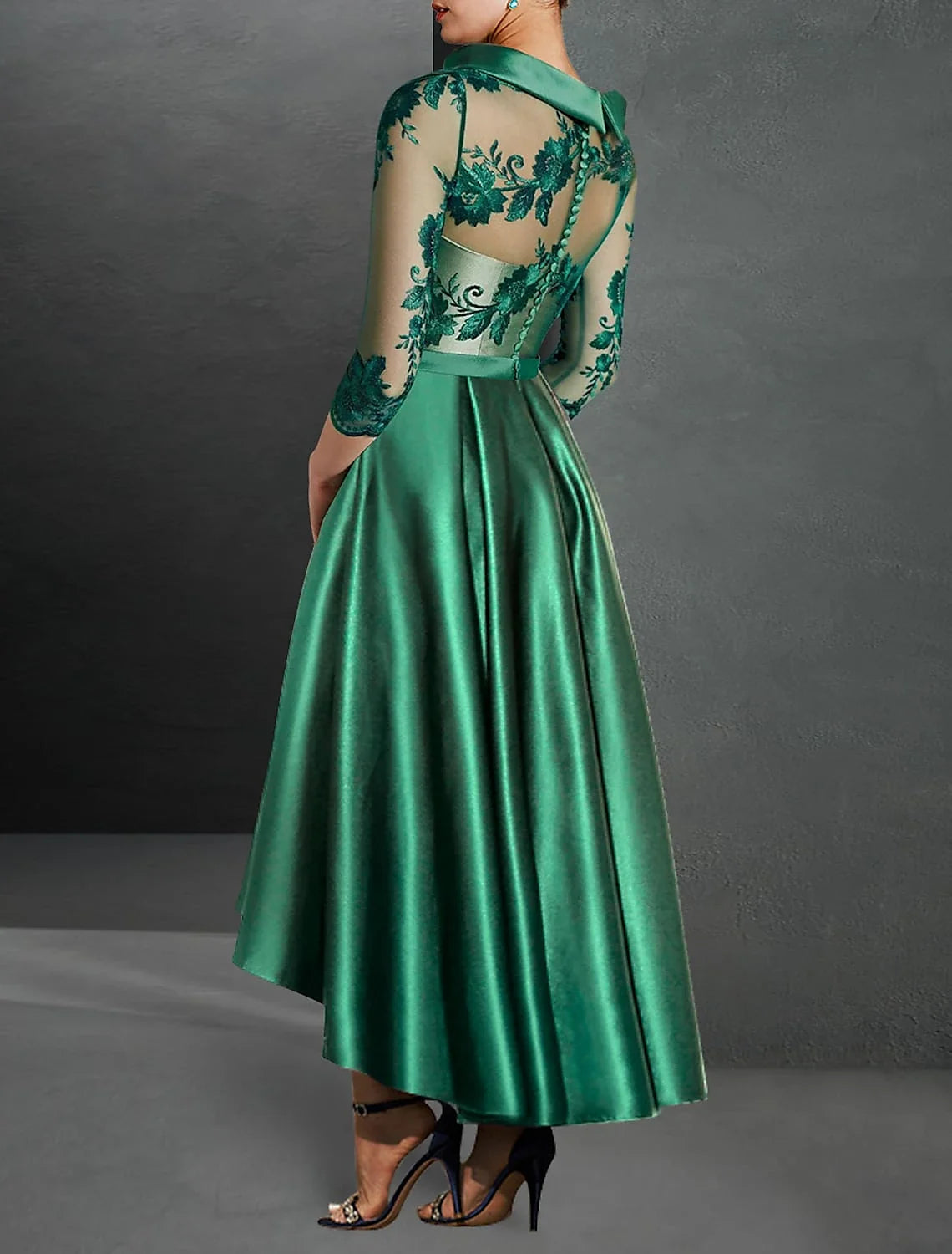 Green A-Line Satin Three-Quarter Sleeve Pleated Wedding Dress - Chloe Dress