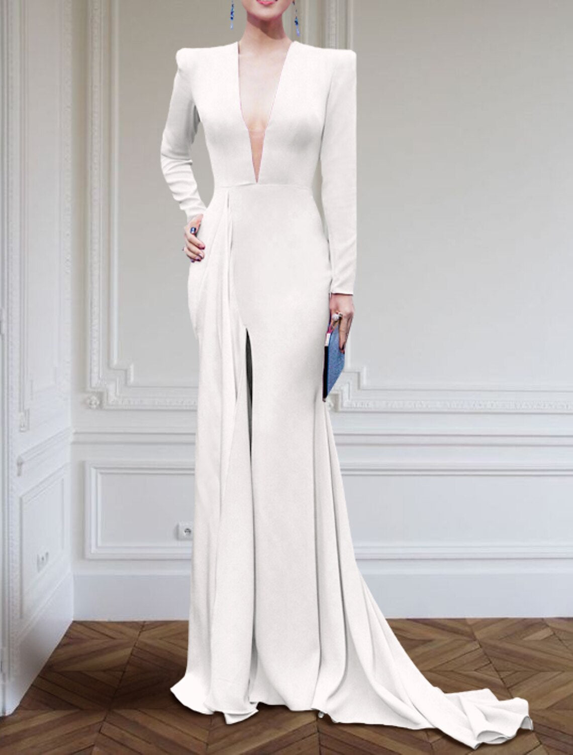 Champagne A-Line V-Neck Long Sleeve High Slit Evening Gown - Chloe Dress