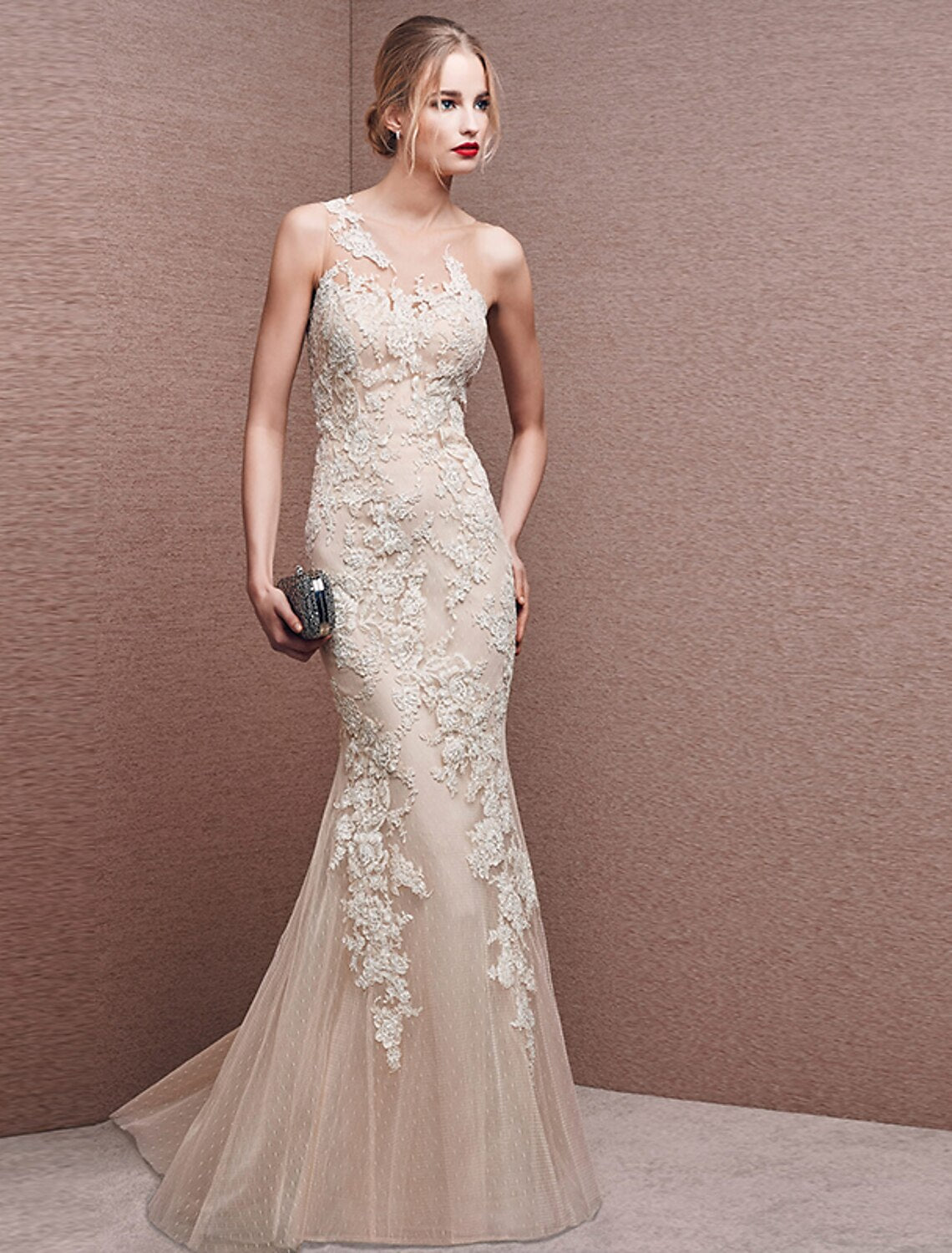 White Mermaid Illusion Lace Sleeveless Applique Floor-Length Evening Dress - Chloe Dress