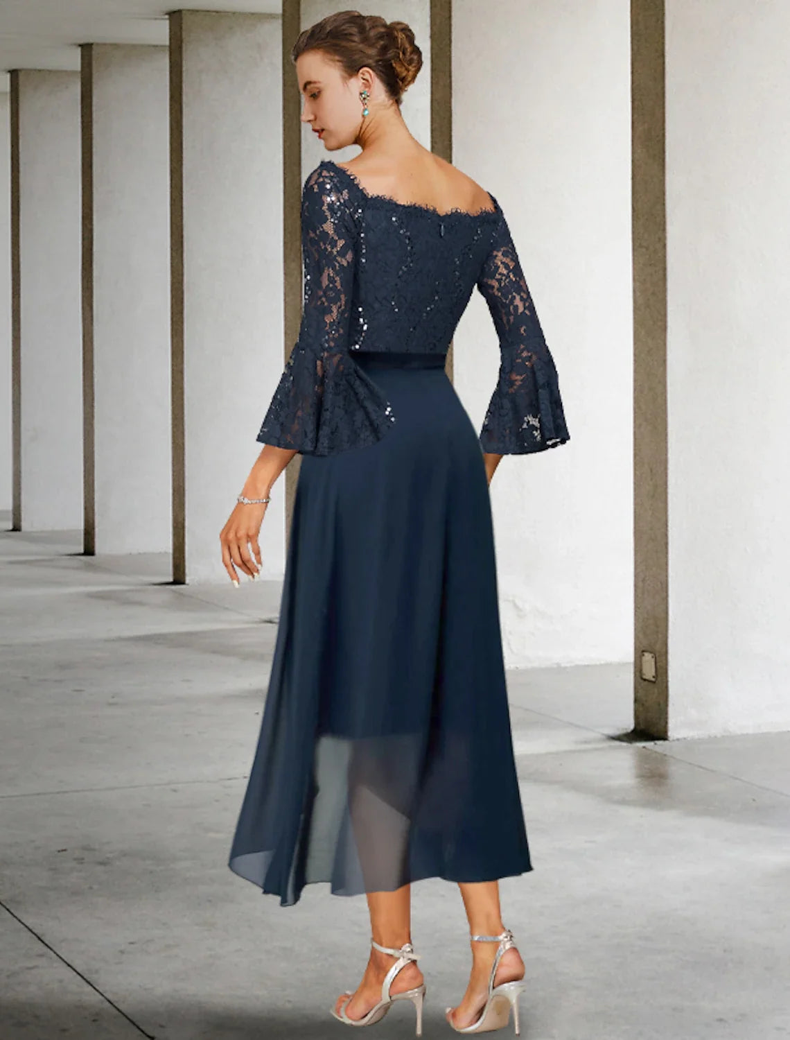 Sheath Off-Shoulder Chiffon Three-Quarter Sleeve Knee-Length Wedding Dress - Chloe Dress