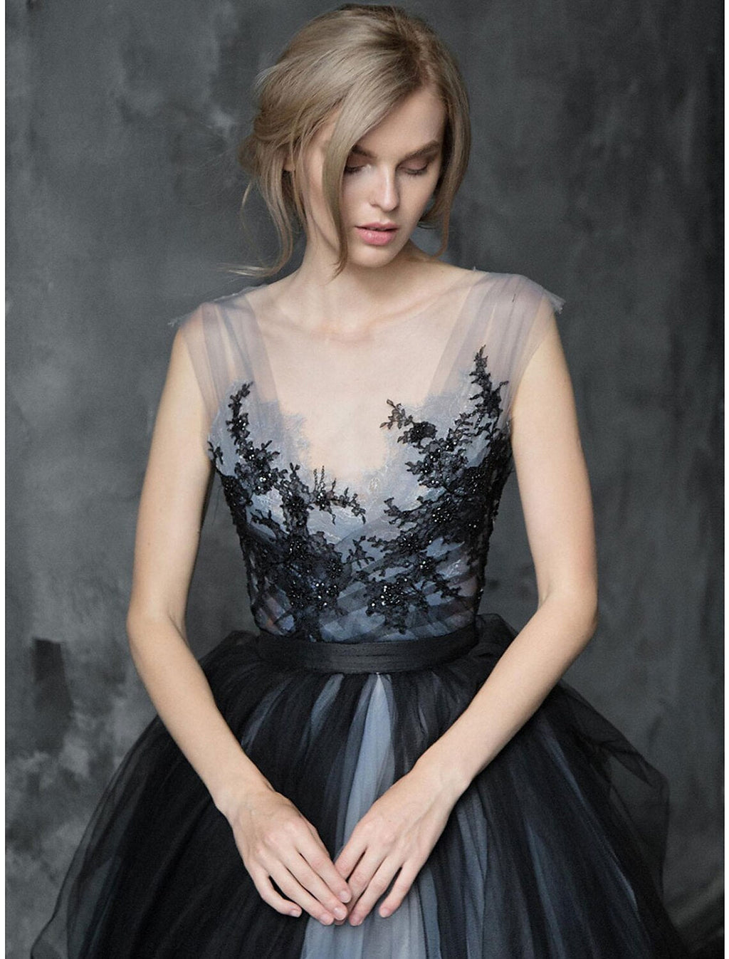 Black Ball Gown V-Neck Tulle Sleeveless Pleated Wedding Gown - Chloe Dress