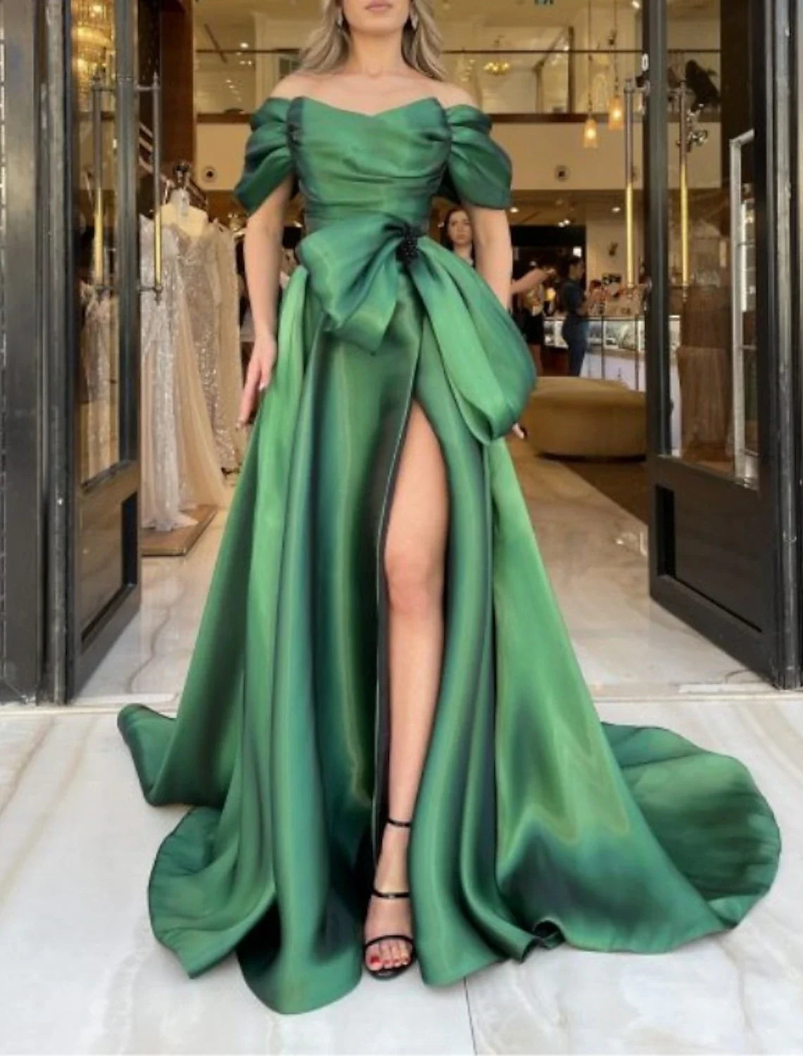 A-Line Off-Shoulder Satin Short Sleeve Train Mini Evening Gown - Chloe Dress