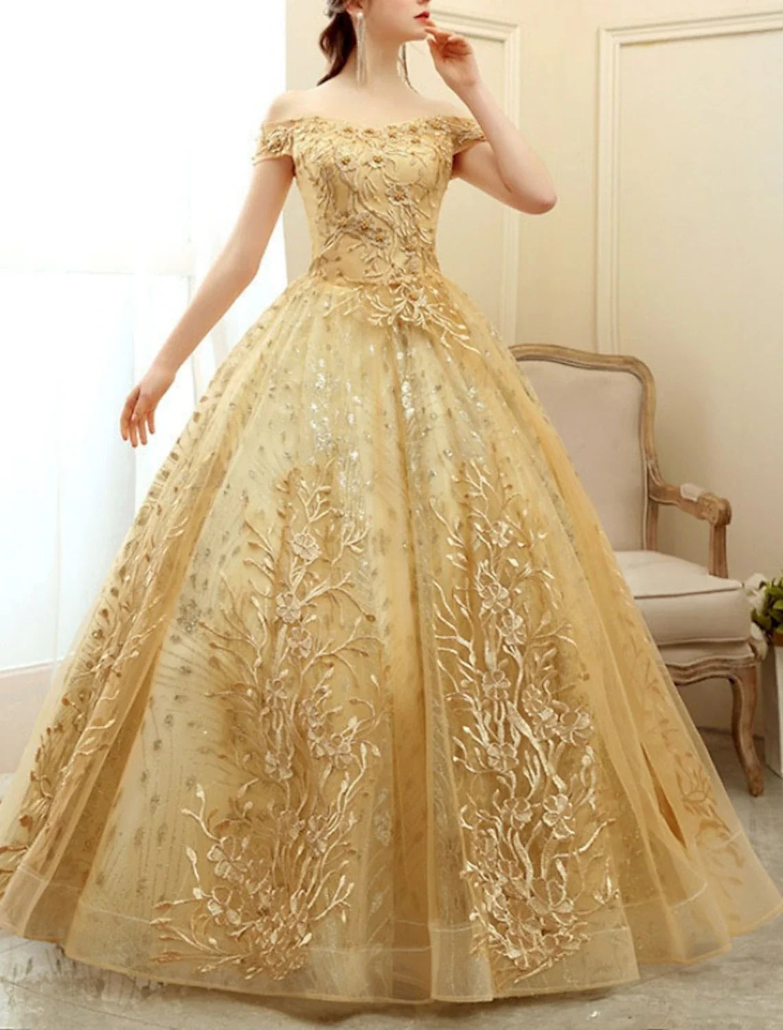 A-Line Off-Shoulder Tulle Short Sleeve Floor-Length Prom Dress - Chloe Dress
