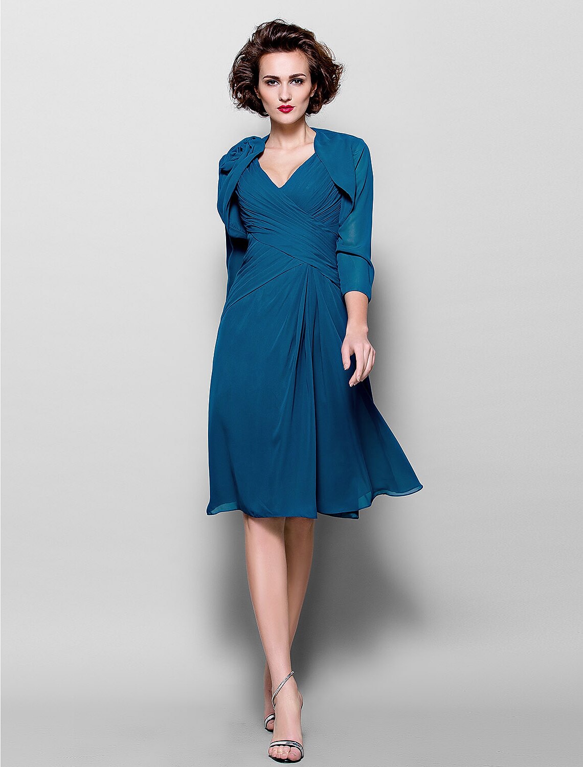 A-Line V-Neck Chiffon Three-Quarter Sleeve Wrap Knee-Length Dress - Chloe Dress