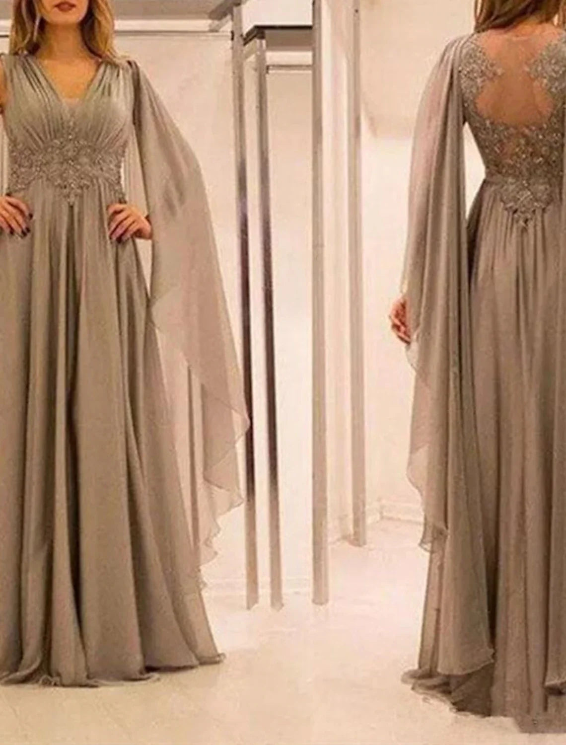 A-Line V-Neck Chiffon Short Sleeve Pleated Floor-Length Wedding Dress - Chloe Dress