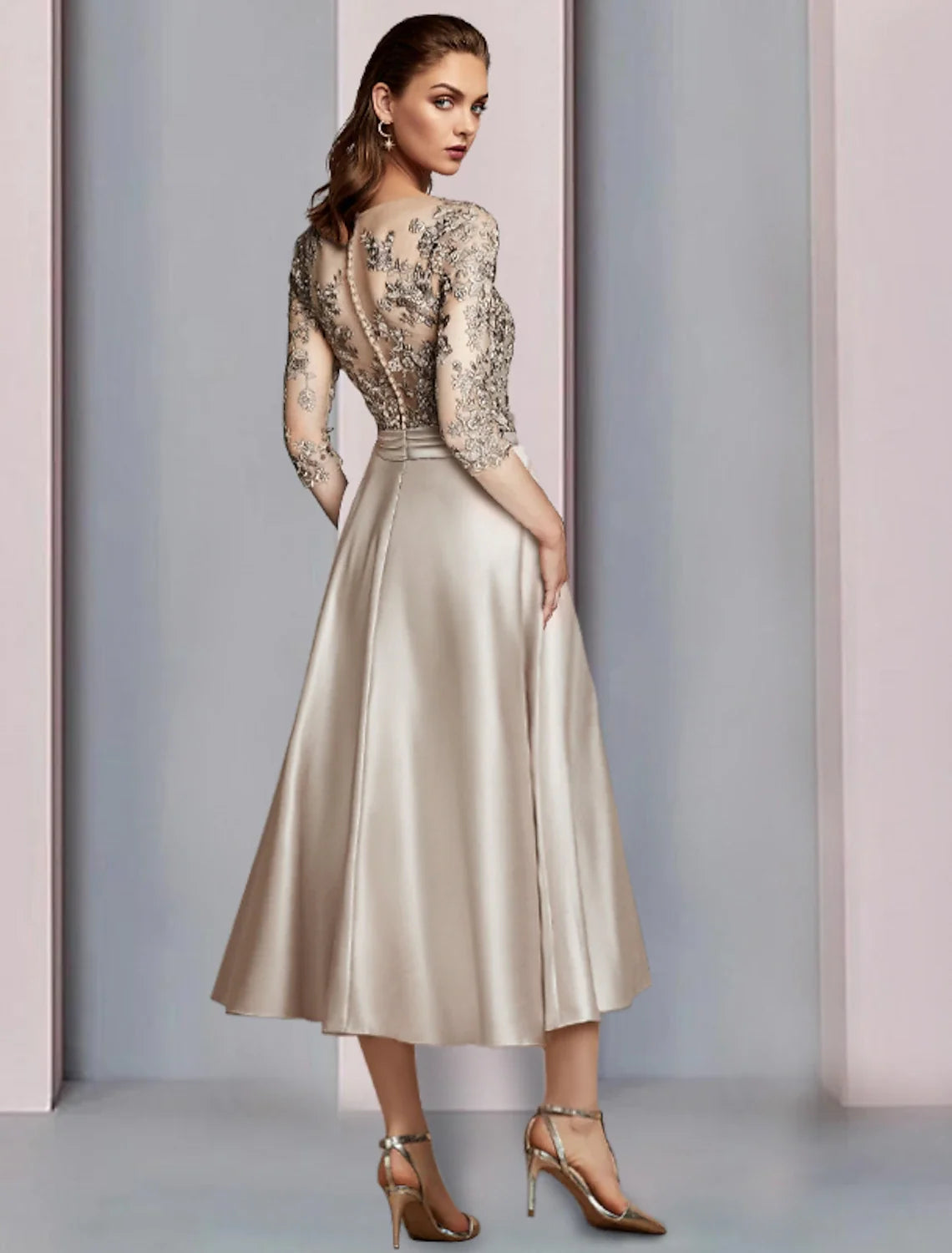 A-Line V-Neck Satin Pleated Tea-Length Wedding Dress - Chloe Dress
