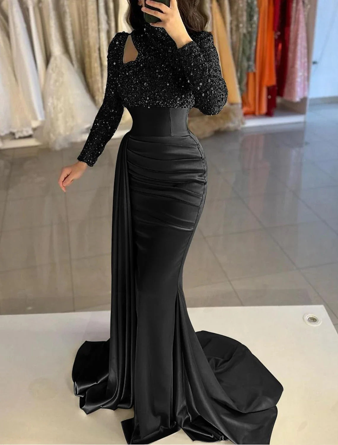 Mermaid High Neck Satin Long Sleeve Train Evening Gown - Chloe Dress
