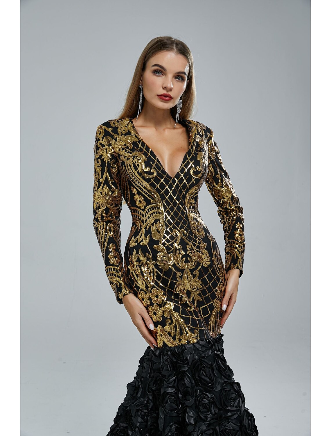 Mermaid V-Neck Sequin Long Sleeve Train Evening Gown - Chloe Dress