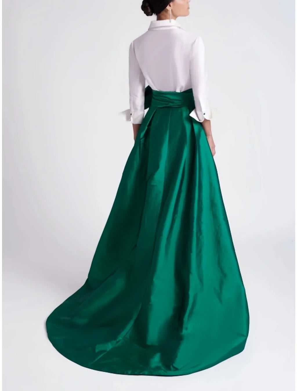 Green A-Line Satin Three-Quarter Sleeve High Slit Evening Gown - Chloe Dress