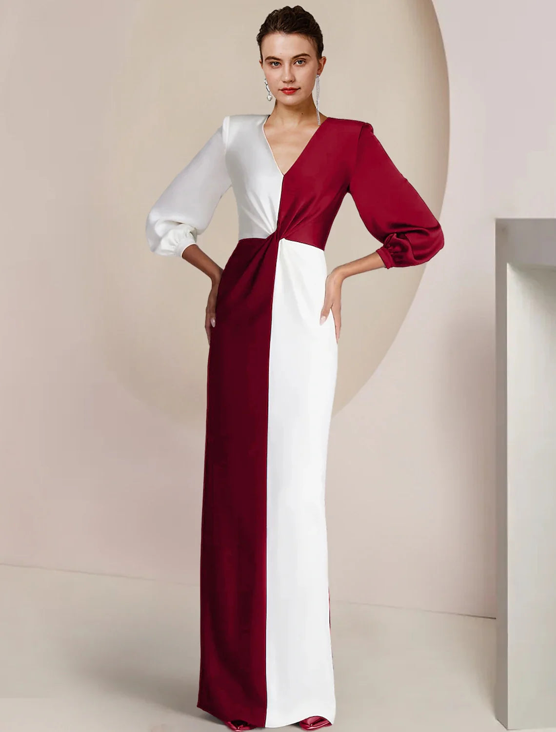 Sheath V-Neck Satin Three-Quarter Sleeve Floor-Length Wedding Dress - Chloe Dress