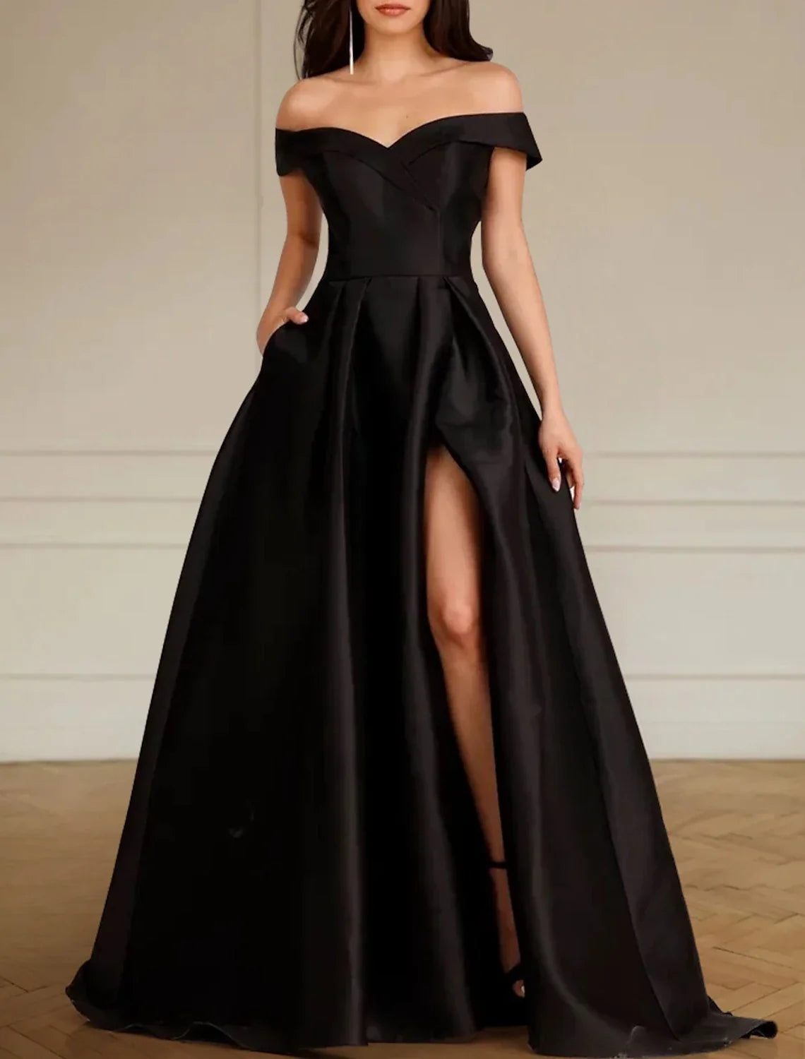 Black A-Line Off-Shoulder Satin Sleeveless Pleated Wedding Gown - Chloe Dress