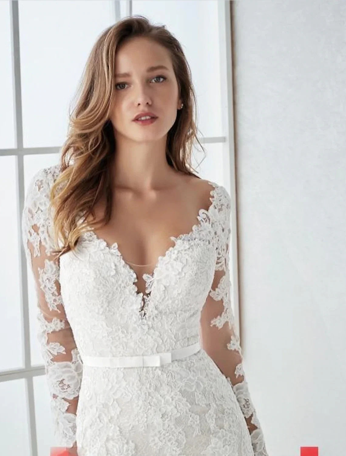 Mermaid V-Neck Lace Long Sleeve Open Back Train Wedding Gown - Chloe Dress