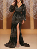 Sheath V-Neck Sequin Long Sleeve High Slit Evening Gown - Chloe Dress