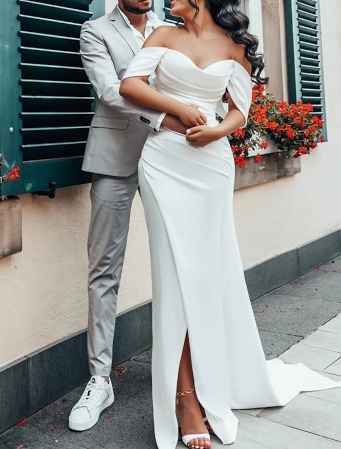 Sheath Off-Shoulder Satin Cap Sleeve Train Wedding Gown - Chloe Dress