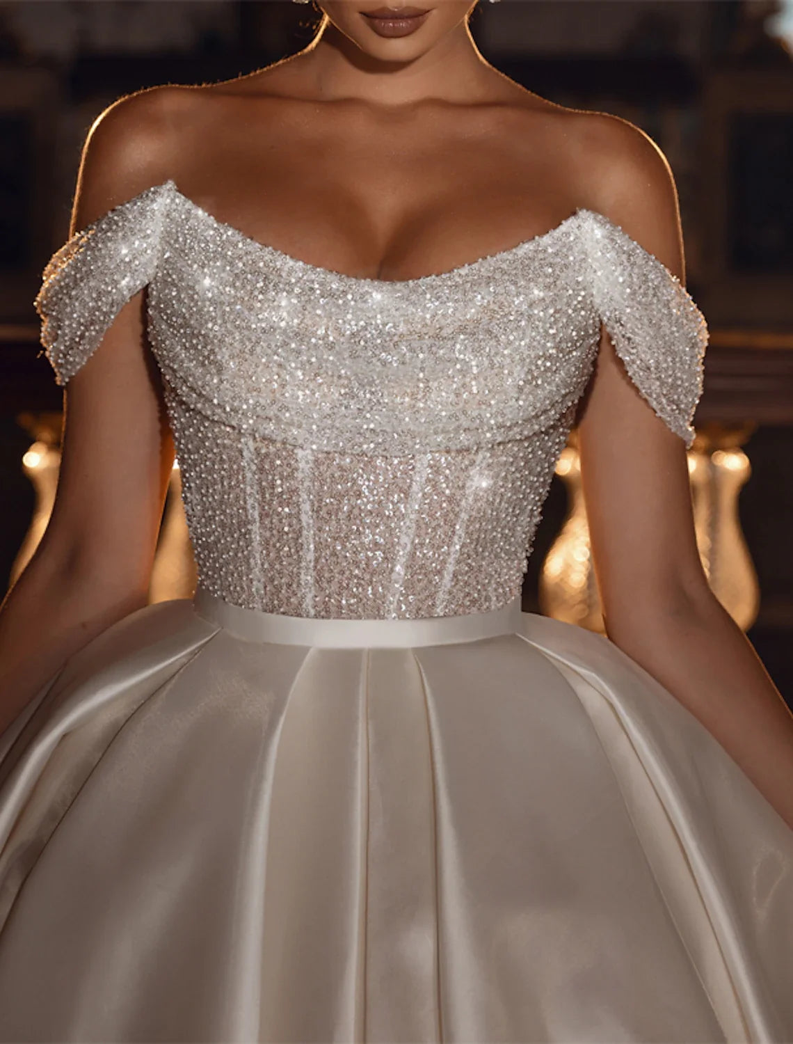 Ball Gown Off-Shoulder Satin Cap Sleeve Train Wedding Gown - Chloe Dress