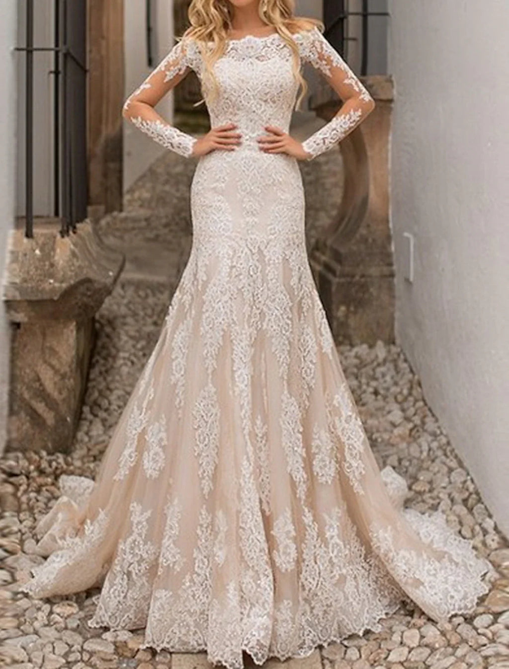 Mermaid Off-Shoulder Lace Long Sleeve Pleated Wedding Gown - Chloe Dress