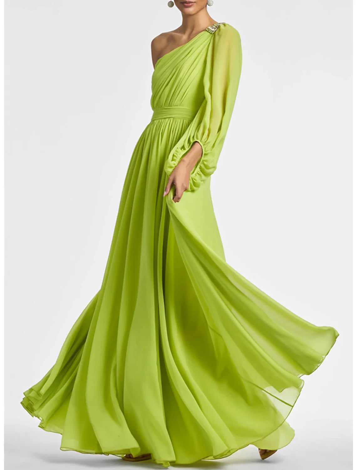 A-Line One-Shoulder Chiffon Long Sleeve Floor-Length Evening Gown - Chloe Dress