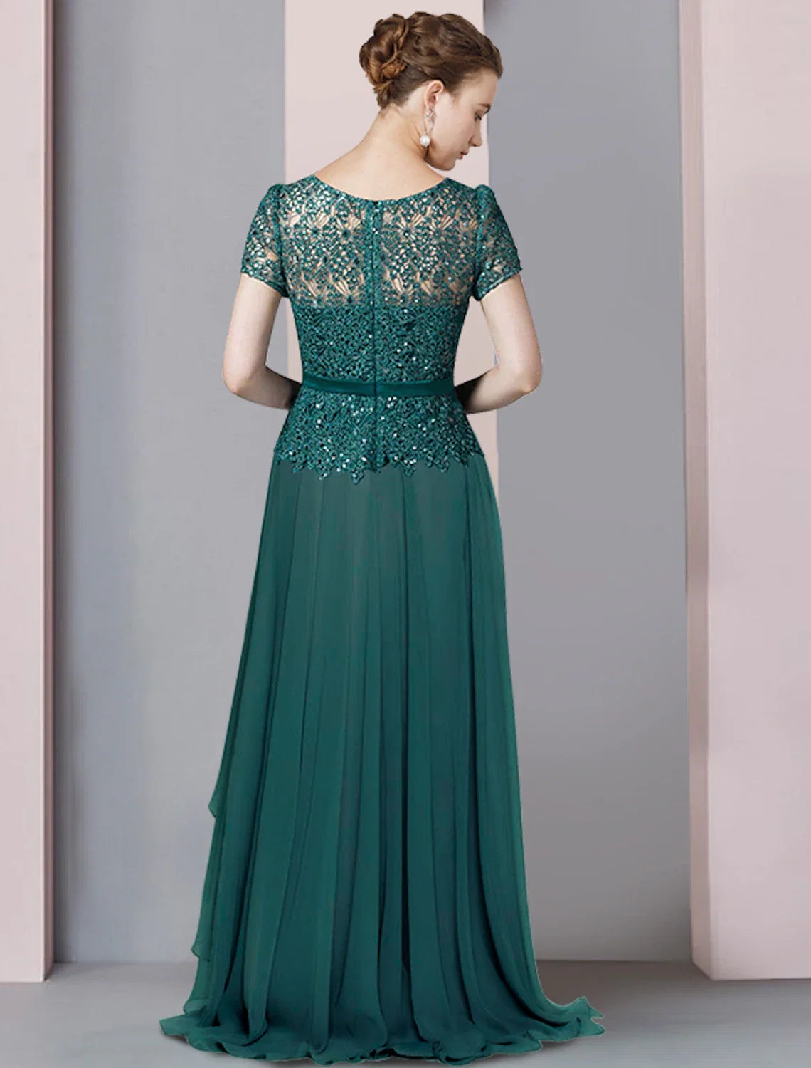 A-Line V-Neck Chiffon Short Sleeve Pleated Floor-Length Party Dress - Chloe Dress