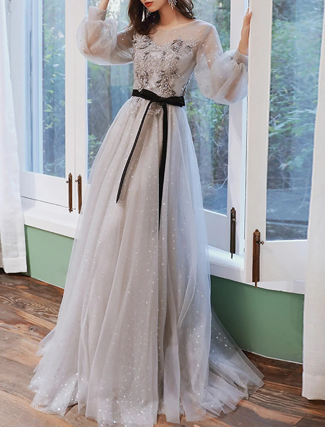 A-Line Tulle Long Sleeve Train Prom Dress - Chloe Dress