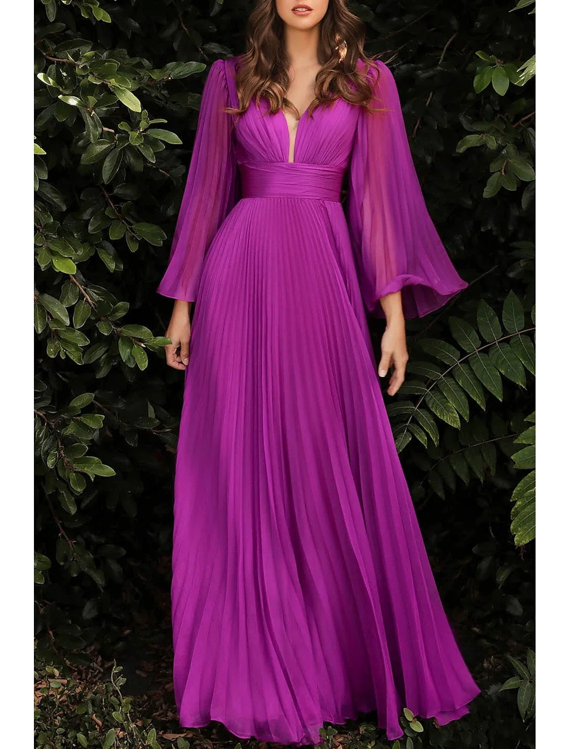Sheath V-Neck Chiffon Long Sleeve Pleated Floor-Length Wedding Dress - Chloe Dress