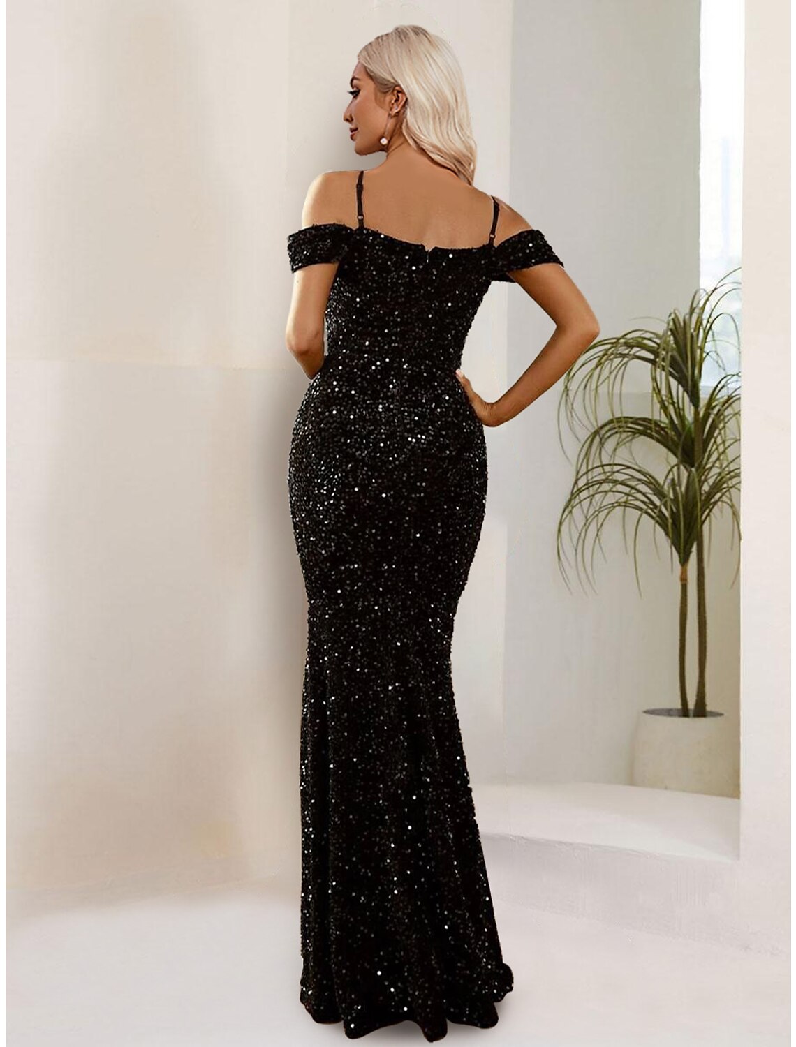 Black Mermaid Spaghetti Strap Sequin Short Sleeve Floor-Length Evening Gown - Chloe Dress