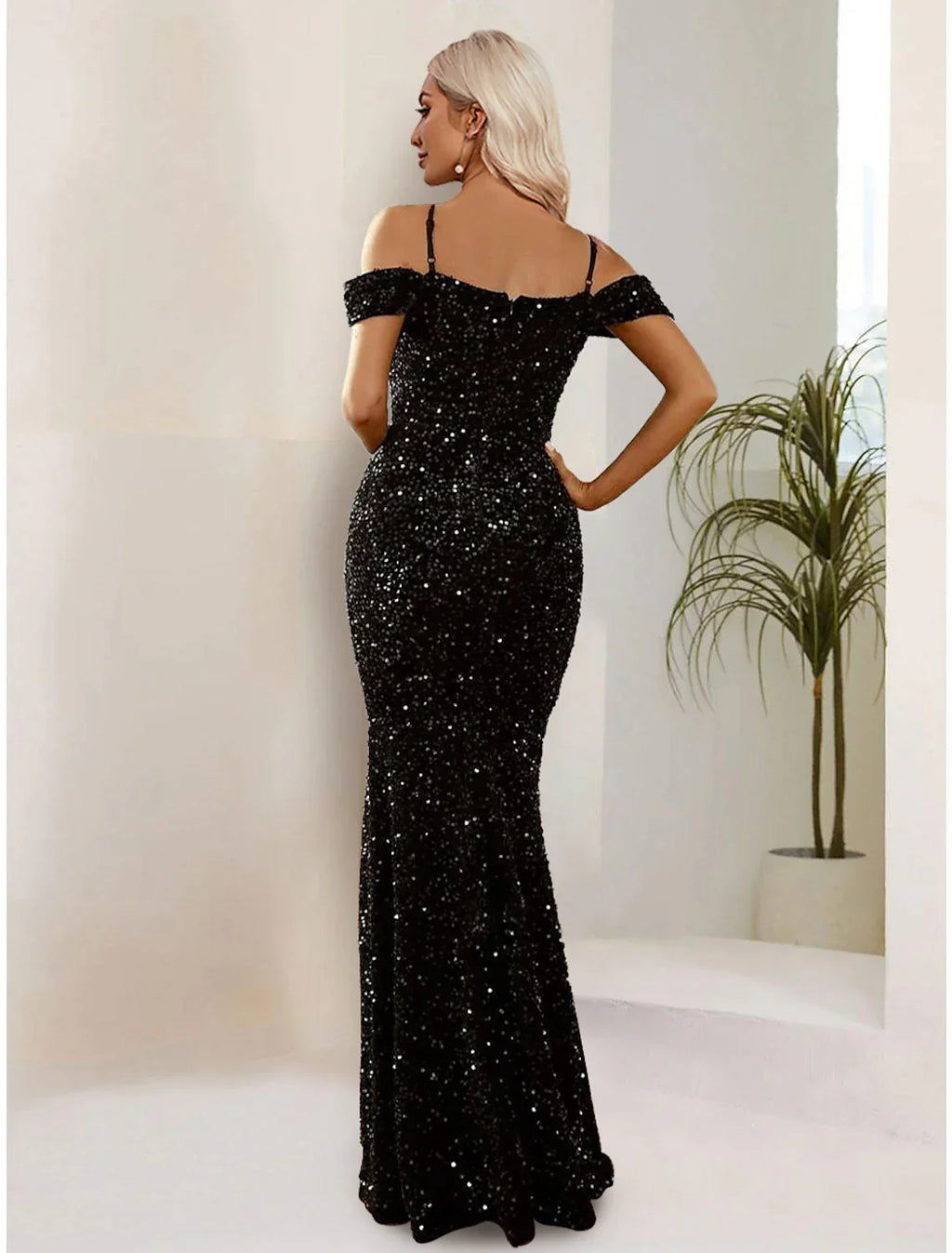 Black Mermaid Spaghetti Strap Sequin Short Sleeve Floor-Length Evening Gown - Chloe Dress