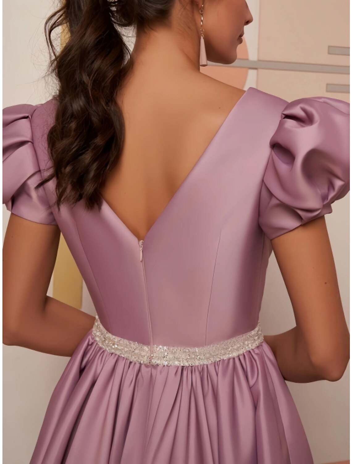 A-Line V-Neck Satin Short Sleeve Pleated Mini Wedding Dress - Chloe Dress