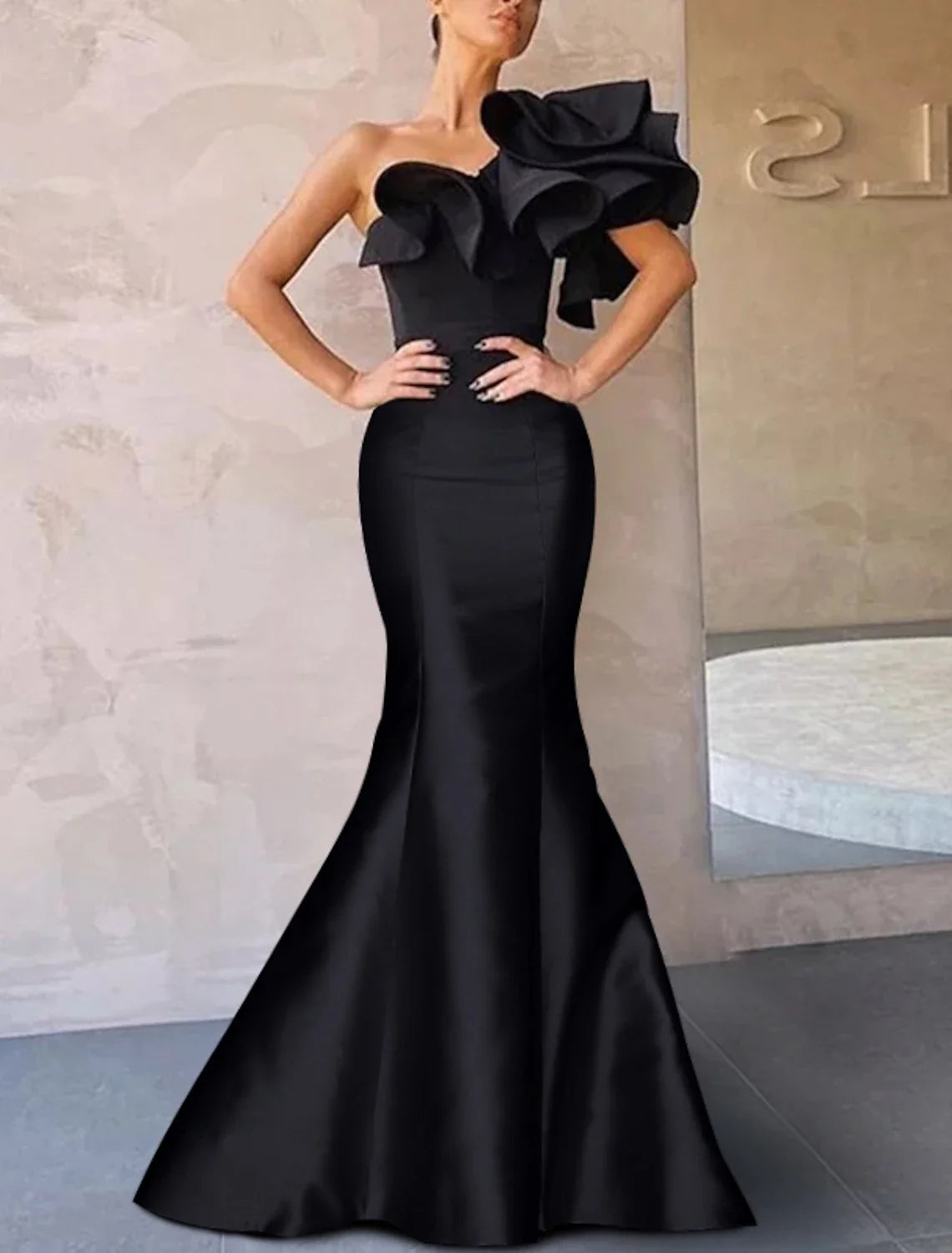 Black Mermaid One-Shoulder Sleeveless Lace-Up Back Ruffled Floor-Length Evening Gown - Chloe Dress