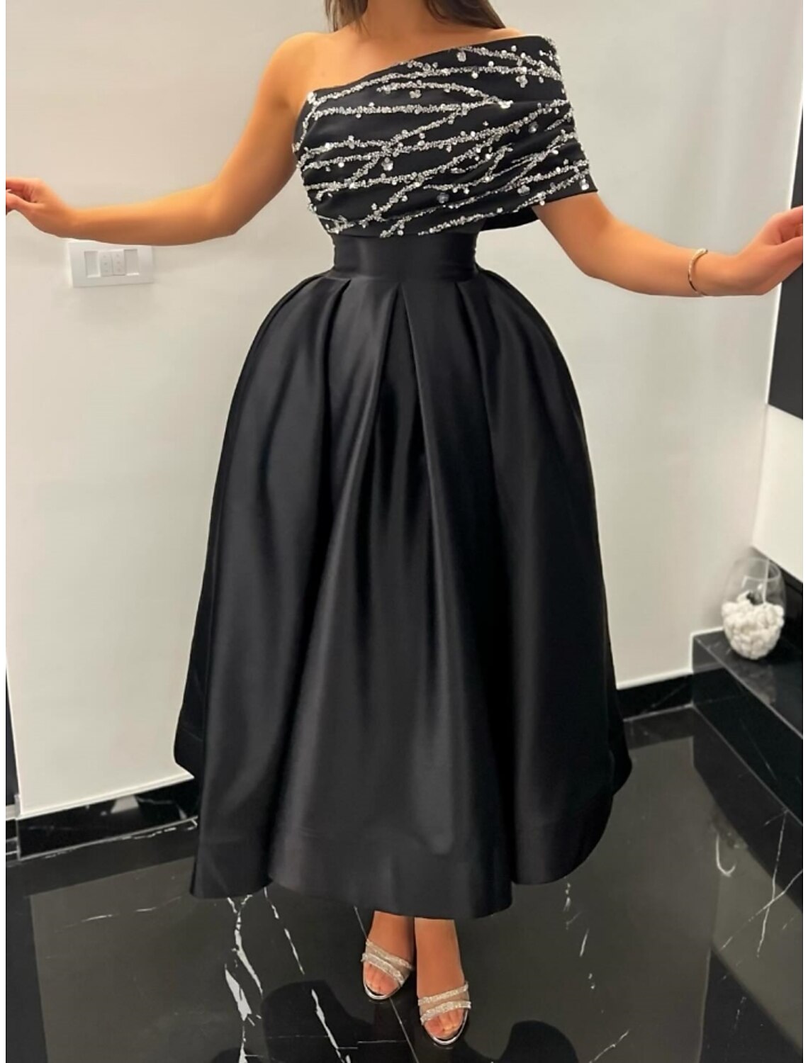 Black A-Line One-Shoulder Satin Short Sleeve Pleated Mini Evening Gown - Chloe Dress