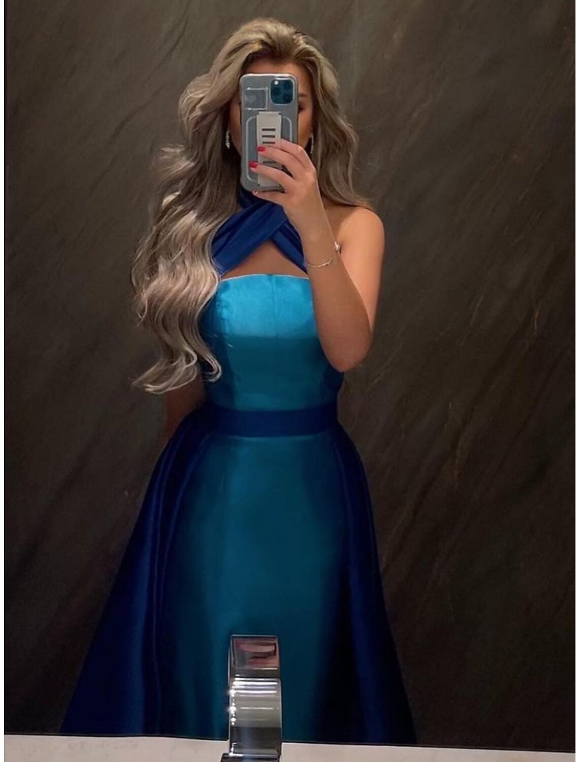 A-Line Halter Satin Sleeveless Pleated Evening Gown - Chloe Dress