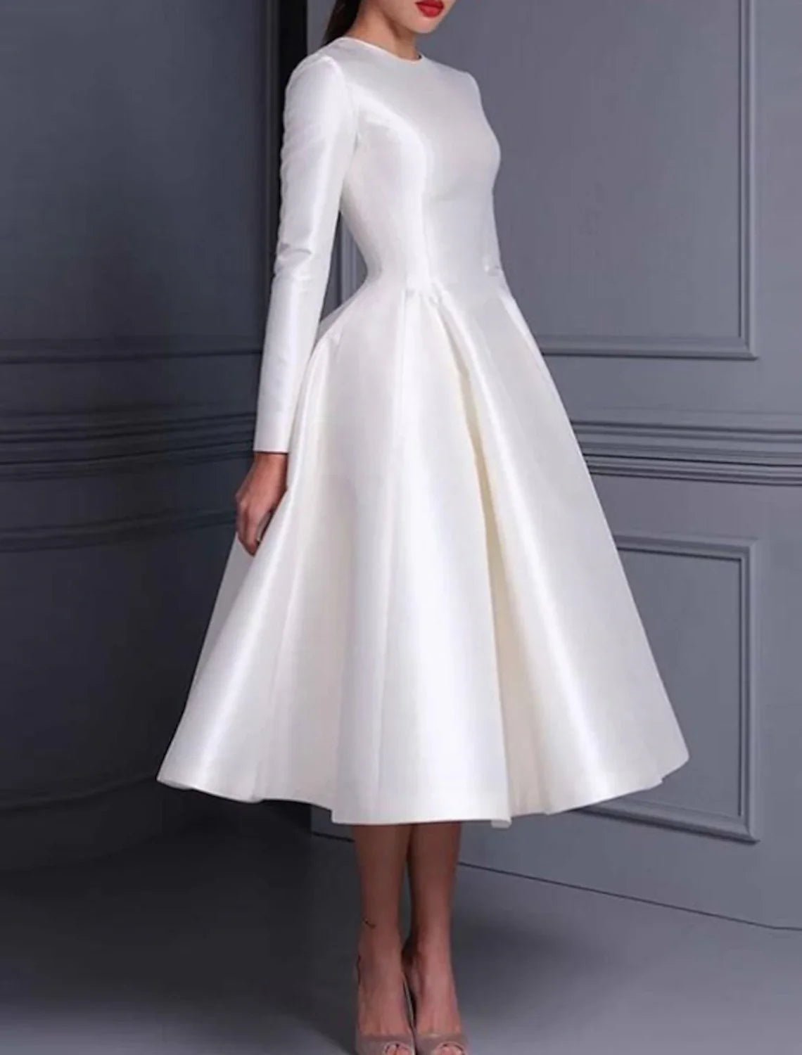 Ball Gown Satin Long Sleeve Pleated Tea-Length Wedding Gown - Chloe Dress