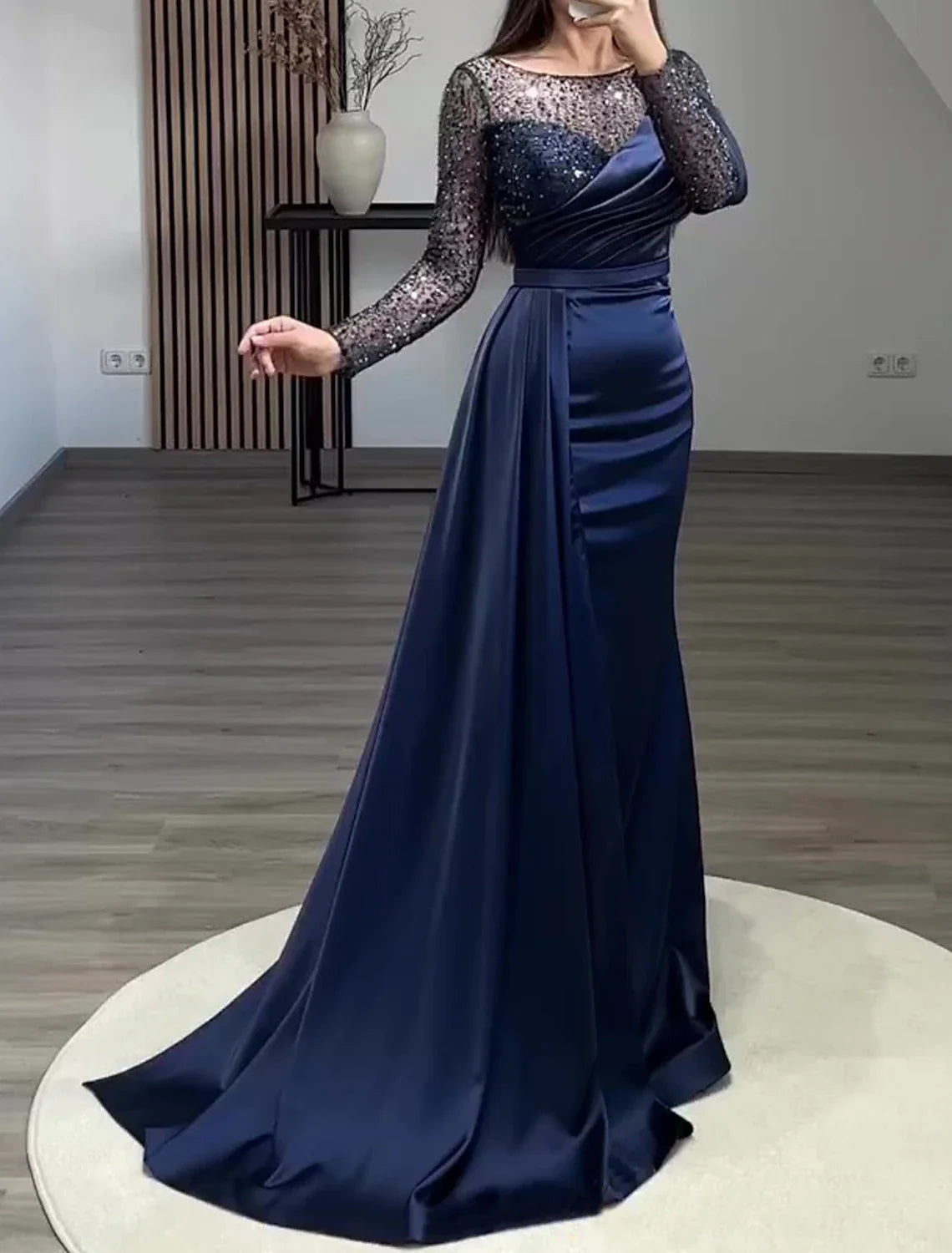 Green Mermaid Sequin Long Sleeve Train Evening Gown - Chloe Dress