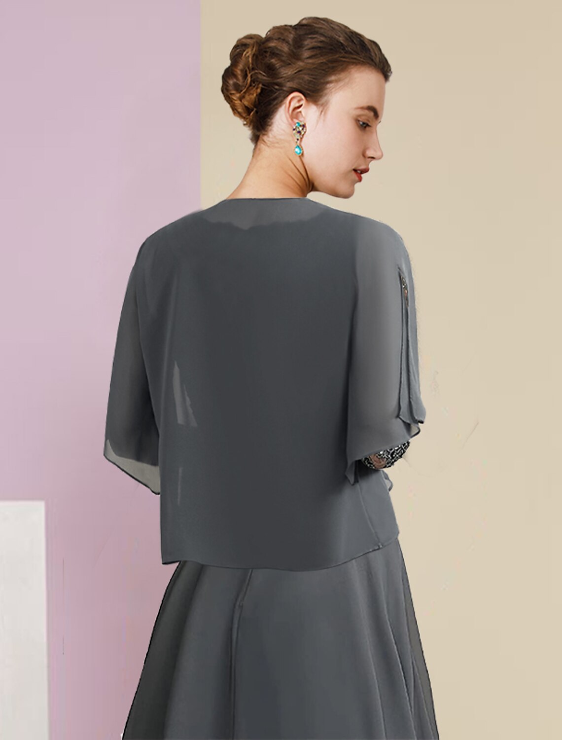 A-Line Square Neck Chiffon Three-Quarter Sleeve Wrap Tea-Length Wedding Dress - Chloe Dress