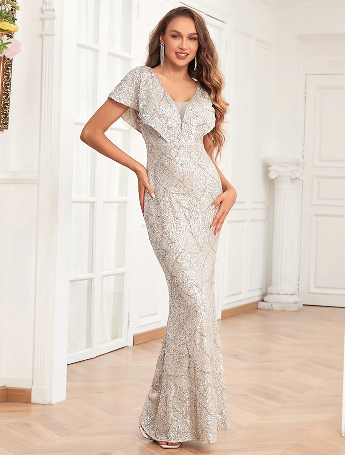 Mermaid V-Neck Sequin Short Sleeve Floor-Length Evening Gown - Chloe Dress