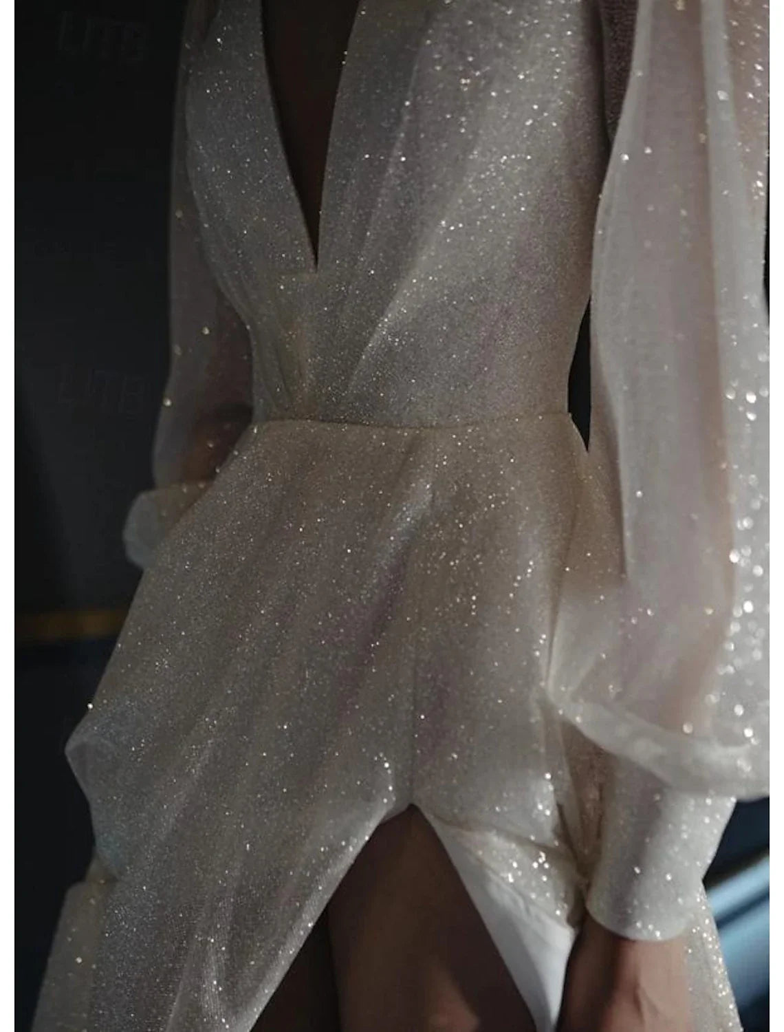 A-Line V-Neck Sequin Long Sleeve Floor-Length Wedding Gown - Chloe Dress