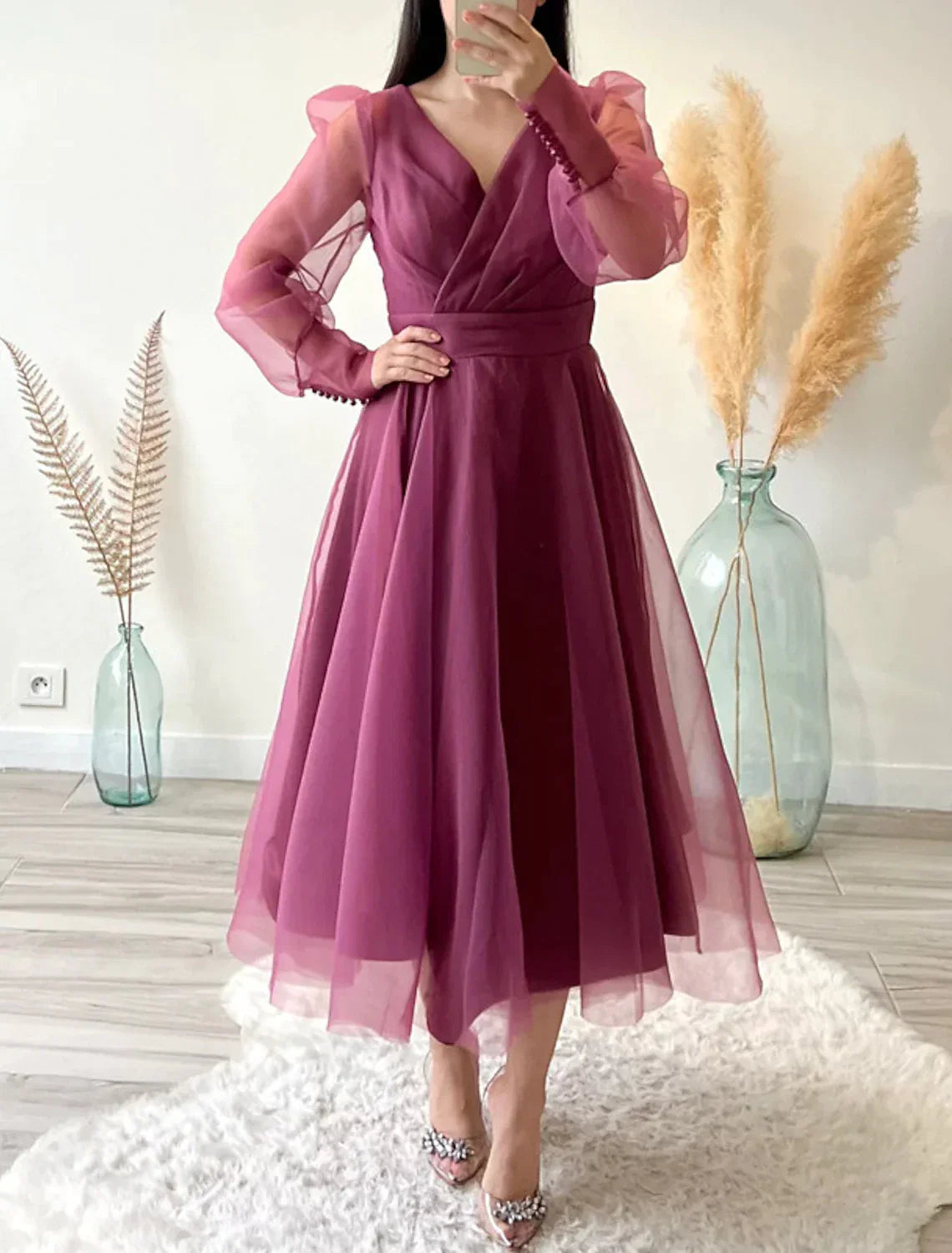 Green A-Line V-Neck Organza Long Sleeve Button Back Mini Wedding Dress - Chloe Dress