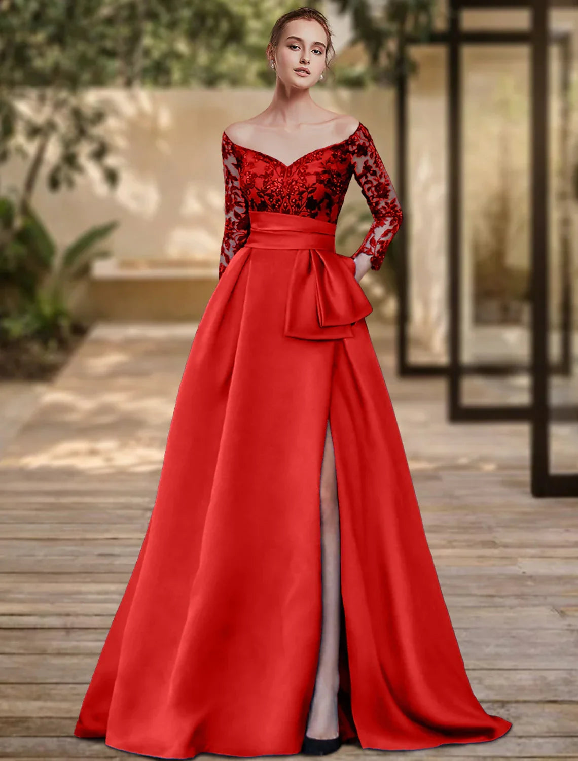 Sheath Off-Shoulder Sequin Three-Quarter Sleeve High Slit Evening Gown - Chloe Dress