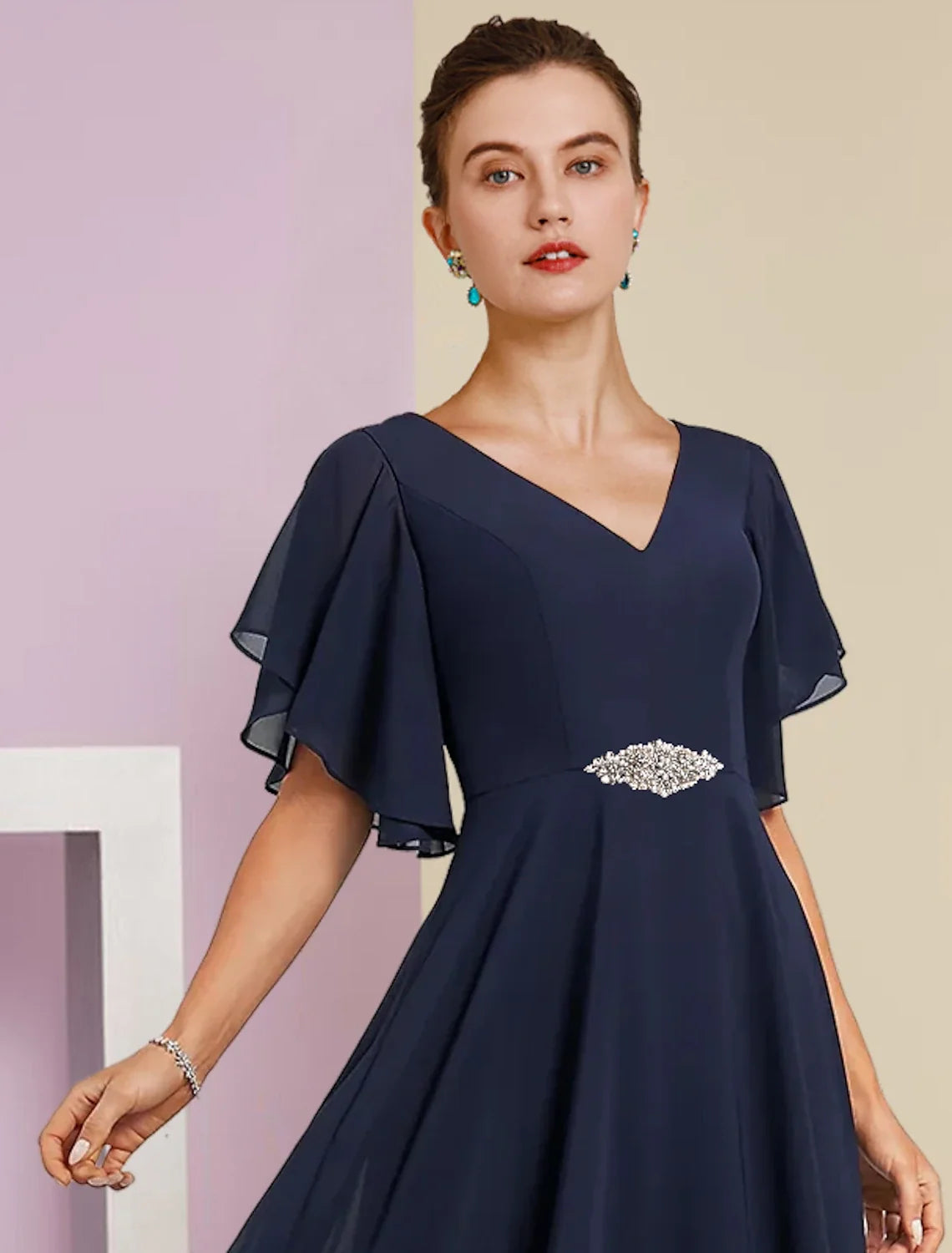 A-Line V-Neck Chiffon Short Sleeve Applique Mini Wedding Dress - Chloe Dress