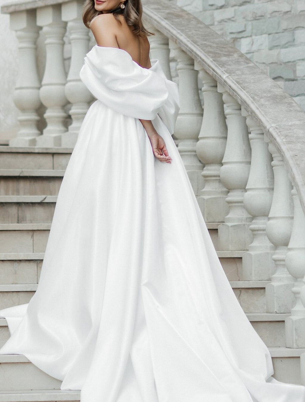 A-Line Off-Shoulder Satin Sleeveless Train Wedding Gown - Chloe Dress