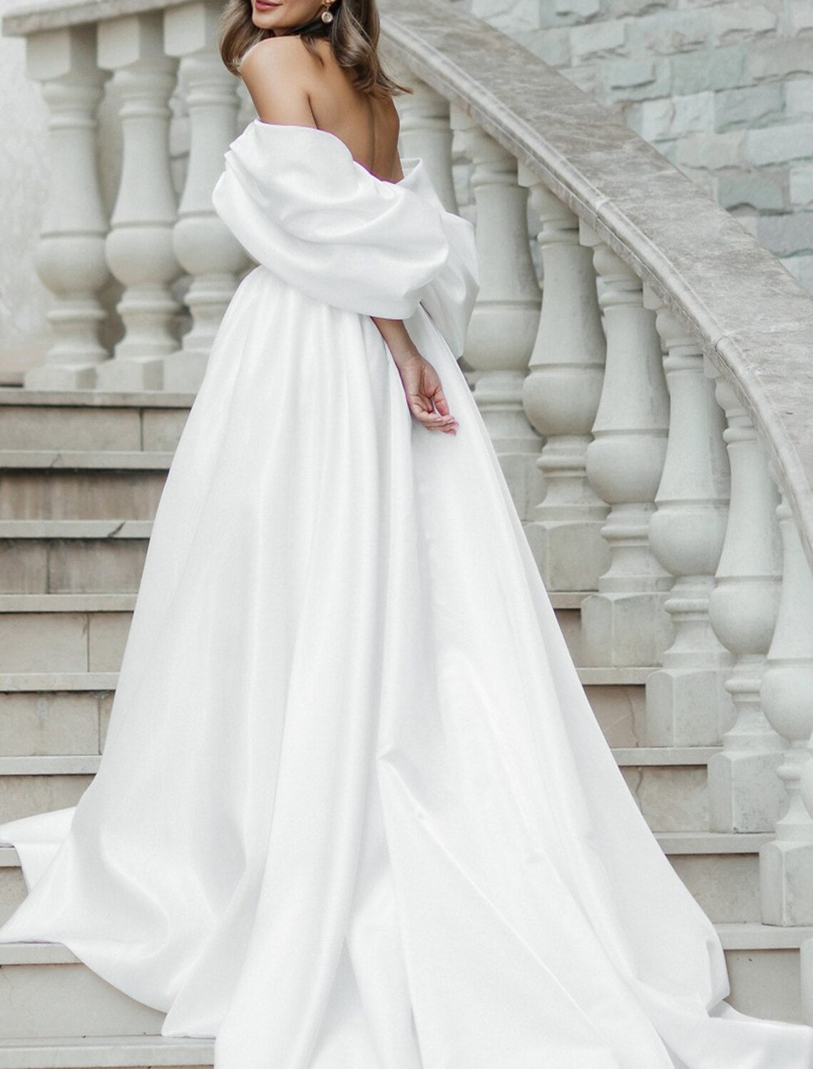 A-Line Off-Shoulder Satin Sleeveless Train Wedding Gown - Chloe Dress