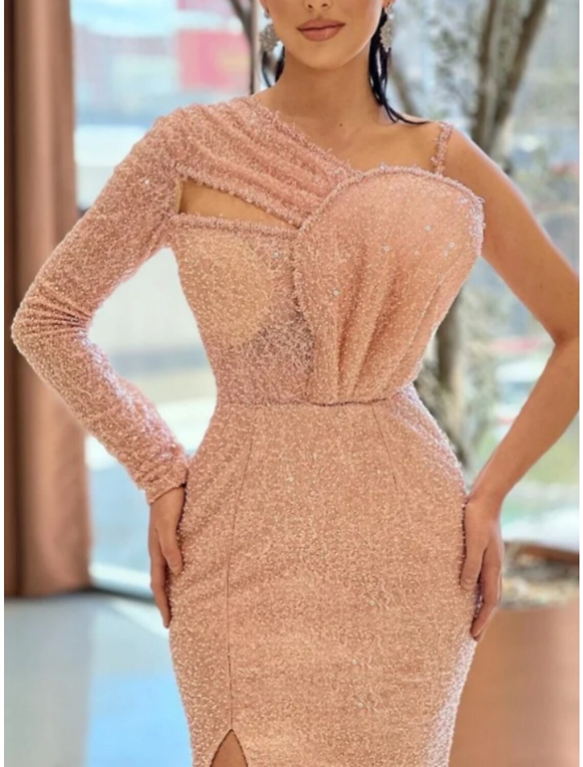 A-Line One-Shoulder Sequin Long Sleeve Pleated Evening Gown - Chloe Dress