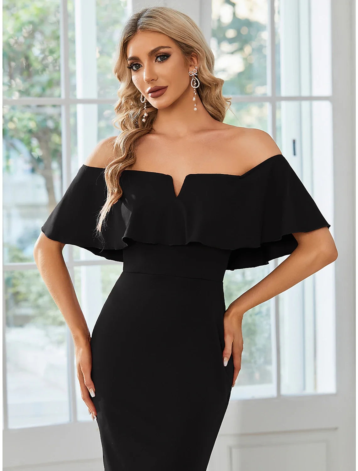 Sheath Off-Shoulder Short Sleeve High Slit Mini Wedding Dress - Chloe Dress