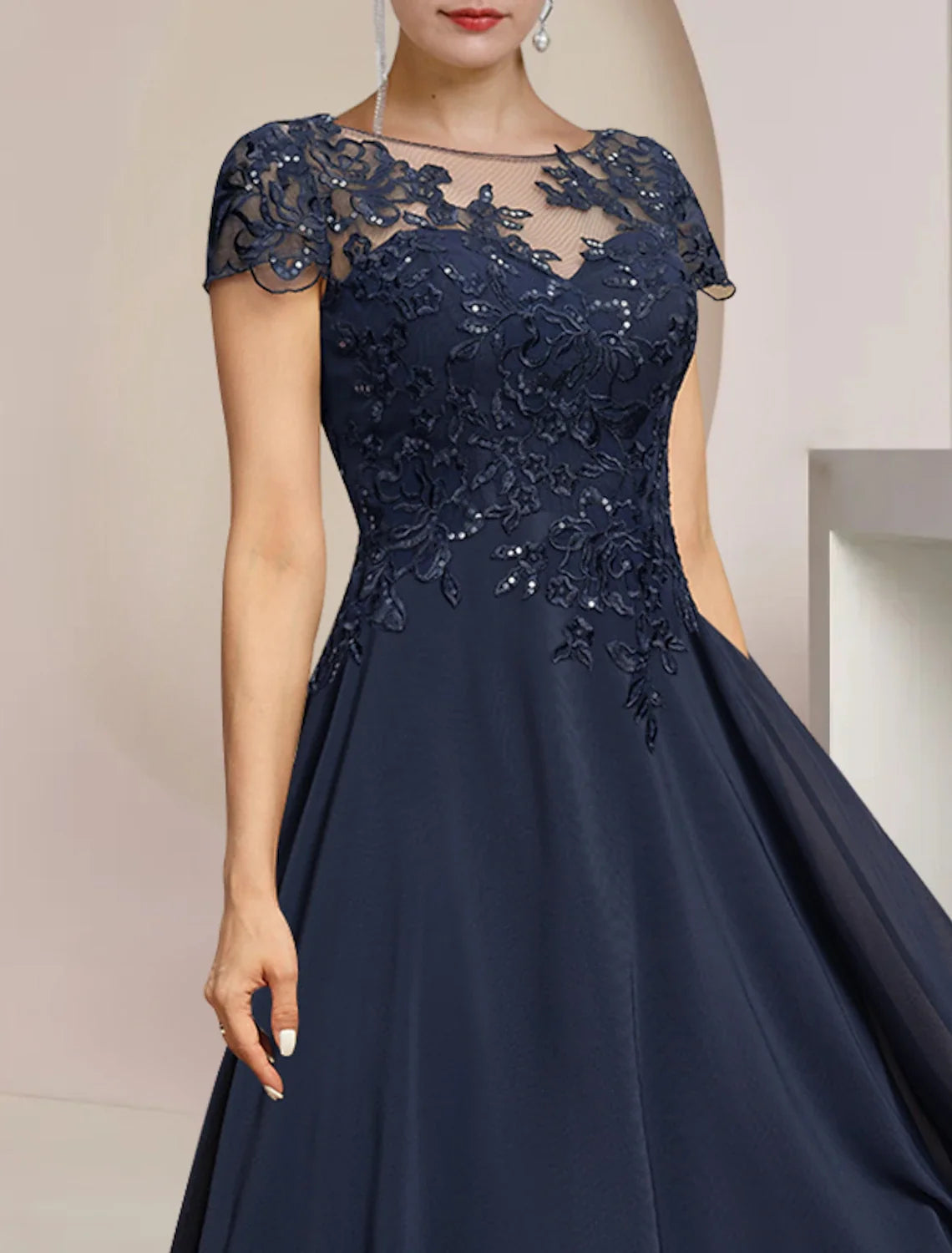 A-Line High Neck Chiffon Short Sleeve Asymmetric Mini Wedding Dress - Chloe Dress