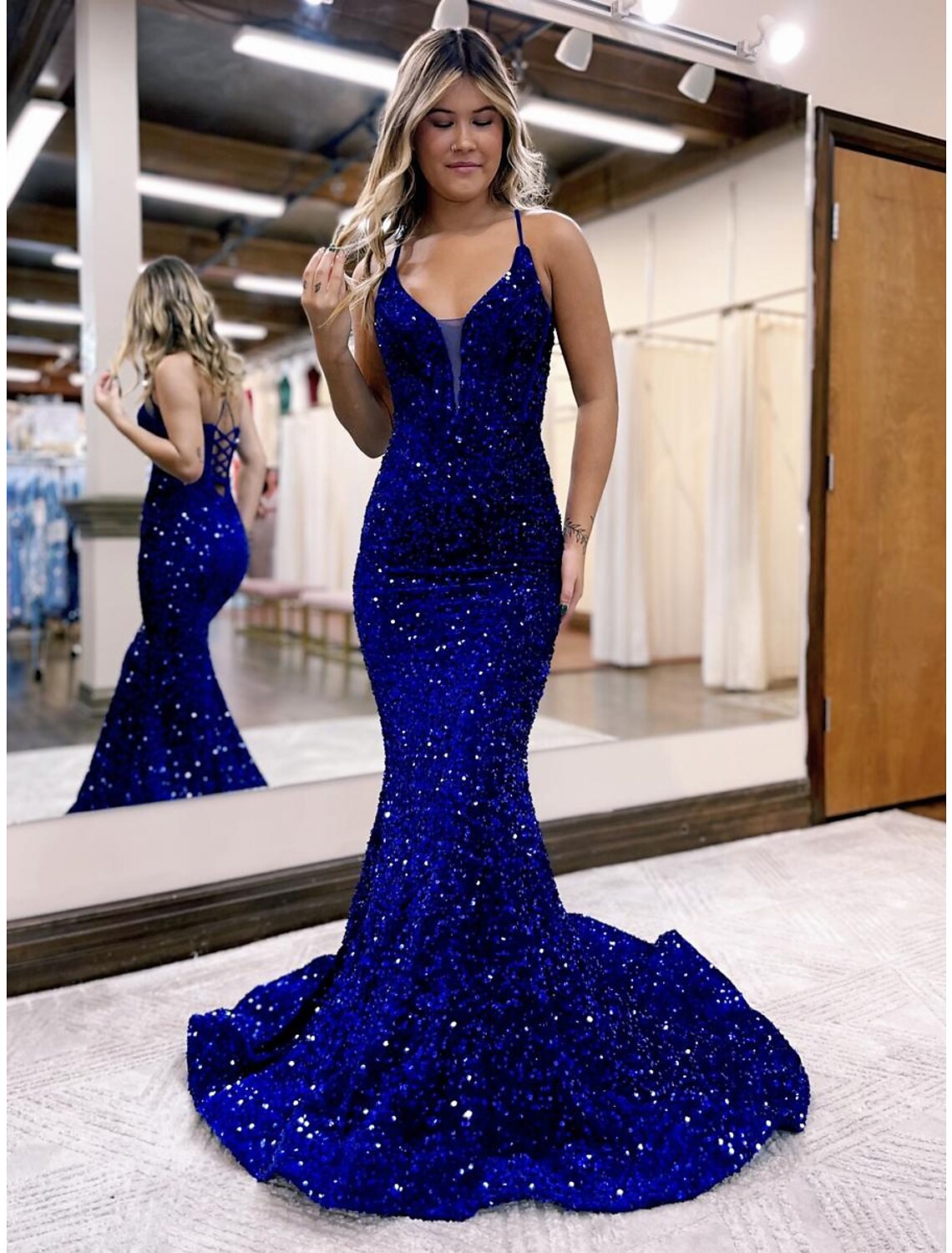 Mermaid V-Neck Sequin Sleeveless Backless Train Evening Gown - Chloe Dress
