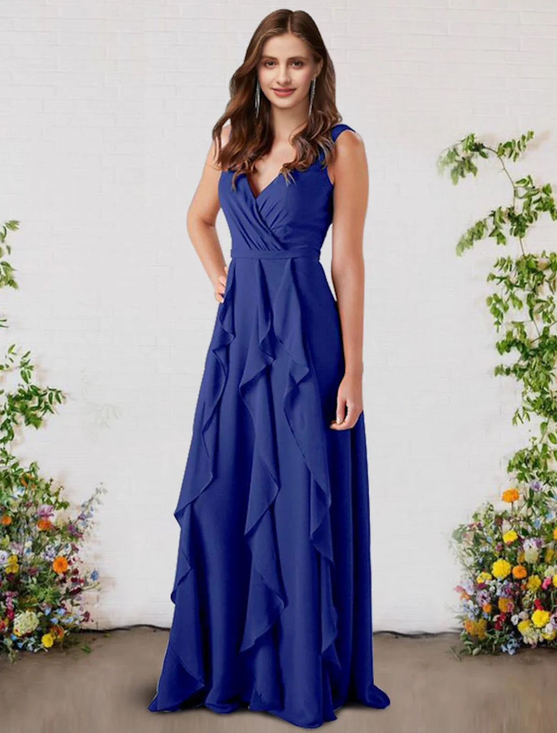 A-Line V-Neck Chiffon Sleeveless Ruffled Floor-Length Wedding Dress - Chloe Dress