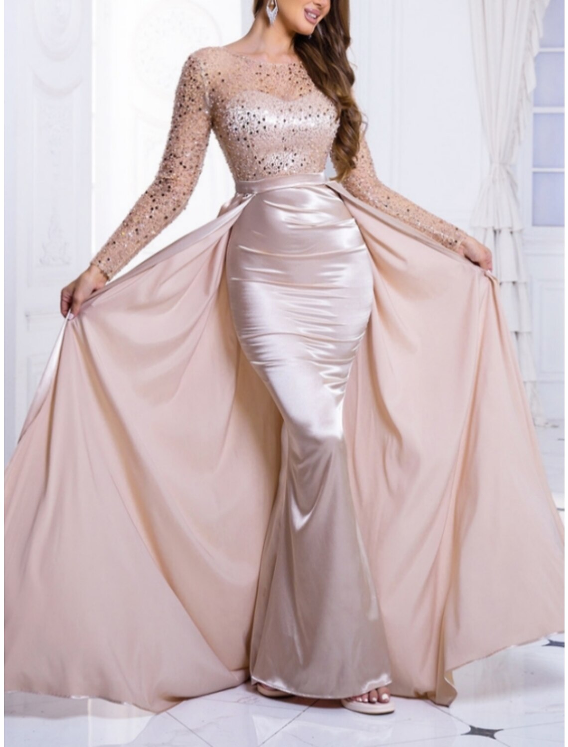 Sheath Satin Long Sleeve Train Evening Gown - Chloe Dress