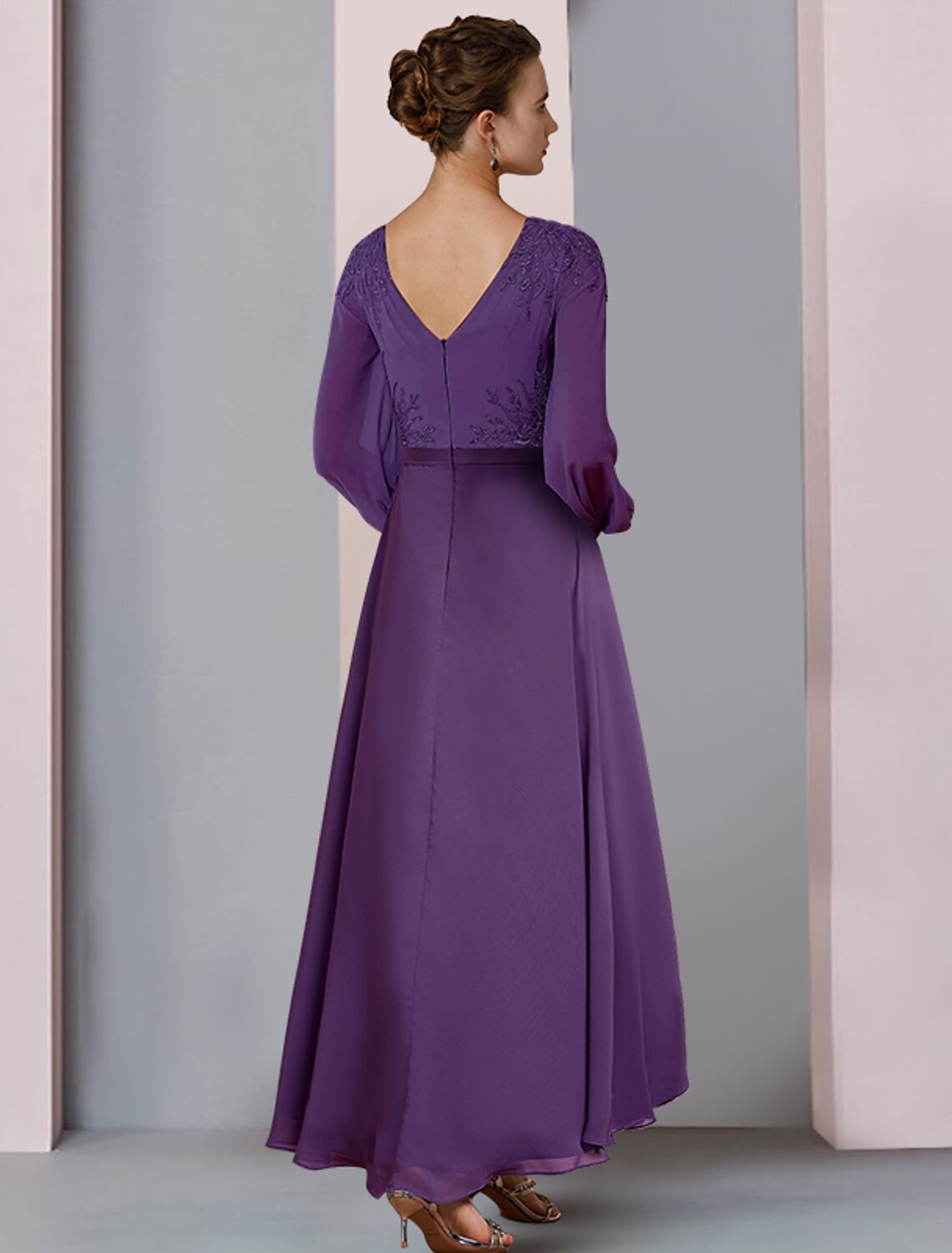 Sheath V-Neck Chiffon Long Sleeve Asymmetric Wedding Dress - Chloe Dress