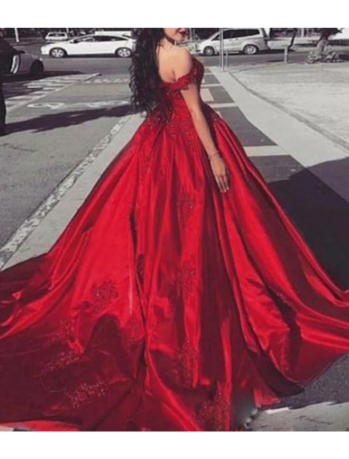 Ball Gown Off-Shoulder Lace Short Sleeve Train Mini Evening Gown - Chloe Dress
