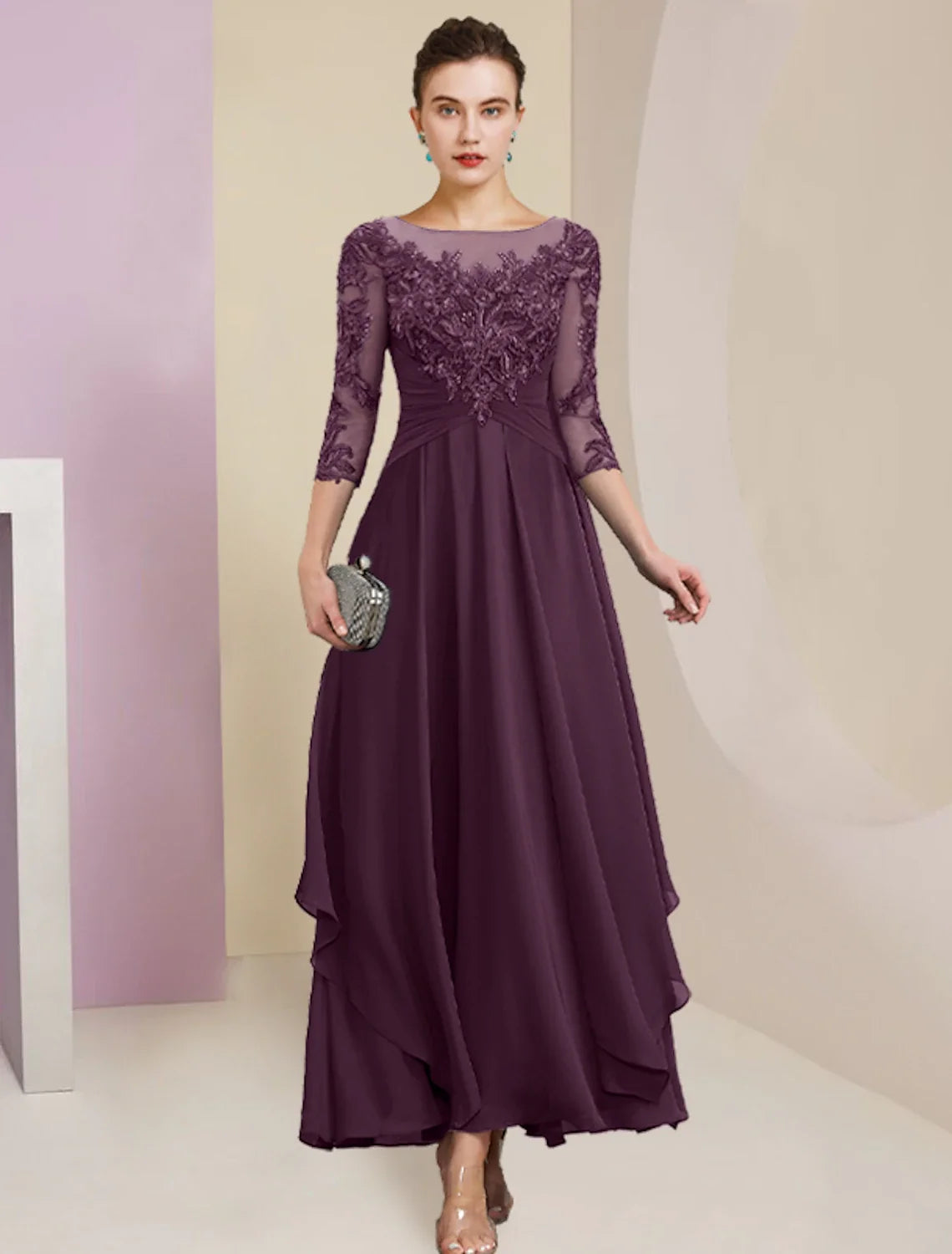Sheath Chiffon Three-Quarter Sleeve Pleated Ankle-Length Wedding Dress - Chloe Dress