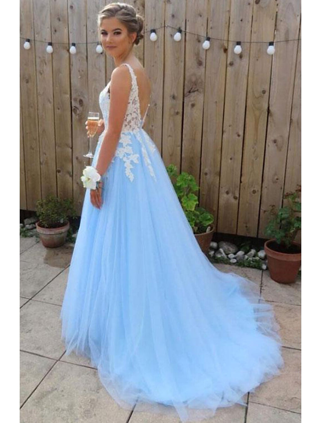 A-Line V-Neck Tulle Sleeveless Train Prom Dress - Chloe Dress